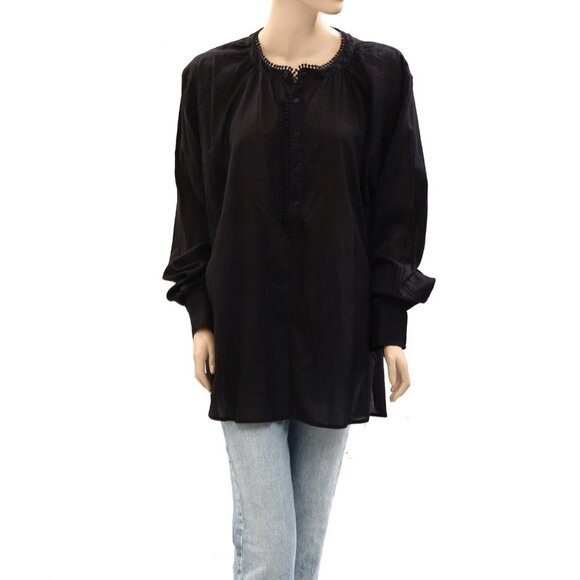 Nili Lotan Black Shirt Tunic Top Oversized Lace Long Sleeve Cotton XL NEW